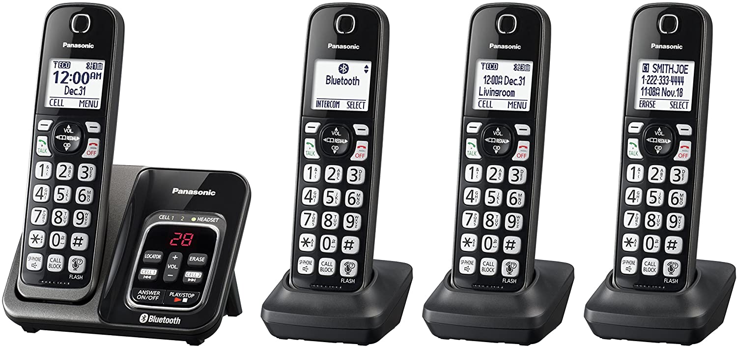 PANASONIC Expandable Cordless Phone System with Link2Cell Bluetooth, Voice Assistant, Answering Machine and Call Blocking - 4 Cordless Handsets - KX-TGD564M (Metallic Black) PANASONIC Expandable Cordless Phone System with Link2Cell Bluetooth, Voice Assistant, Answering Machine and Call Blocking - 4 Cordless Handsets - KX-TGD564M (Metallic Black)